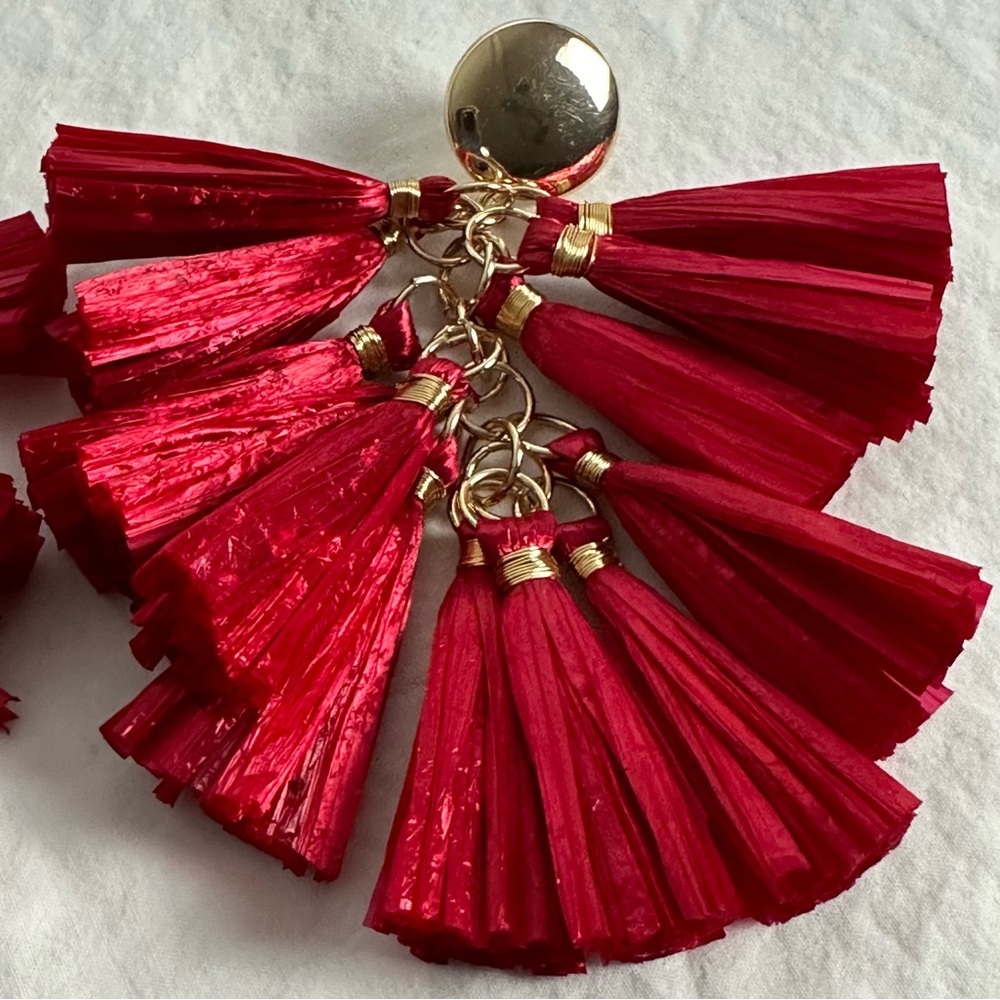 Red Statement Chandelier Tassel Earrings in Gold Tone Setting